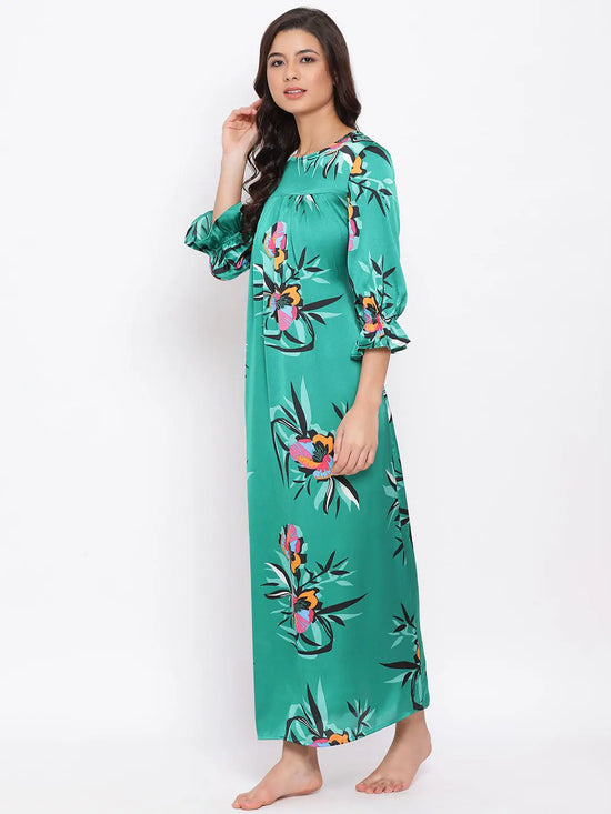 Green Floral Nightwear Women Dress