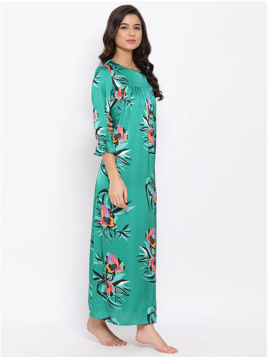 Green Floral Nightwear Women Dress