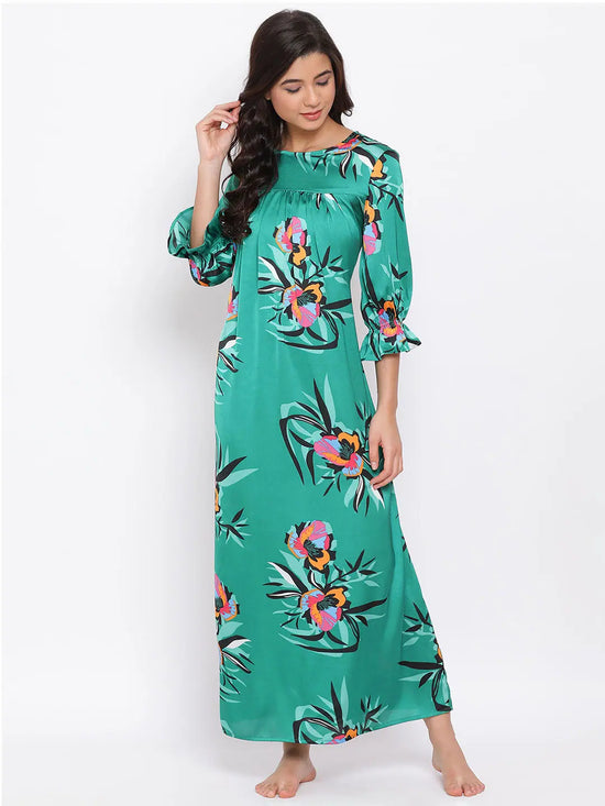 Green Floral Nightwear Women Dress