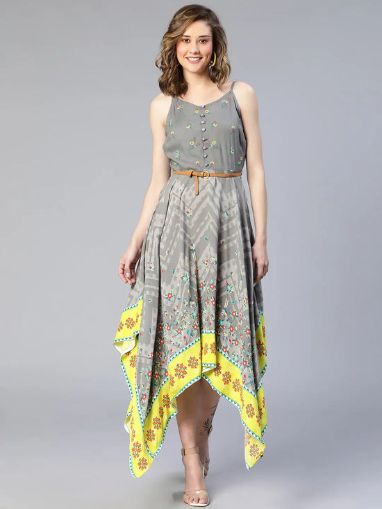 Women grey border printed high-low viscose dress