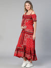 Women floral print off -shoulder red maternity long dress