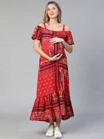 Women floral print off -shoulder red maternity long dress