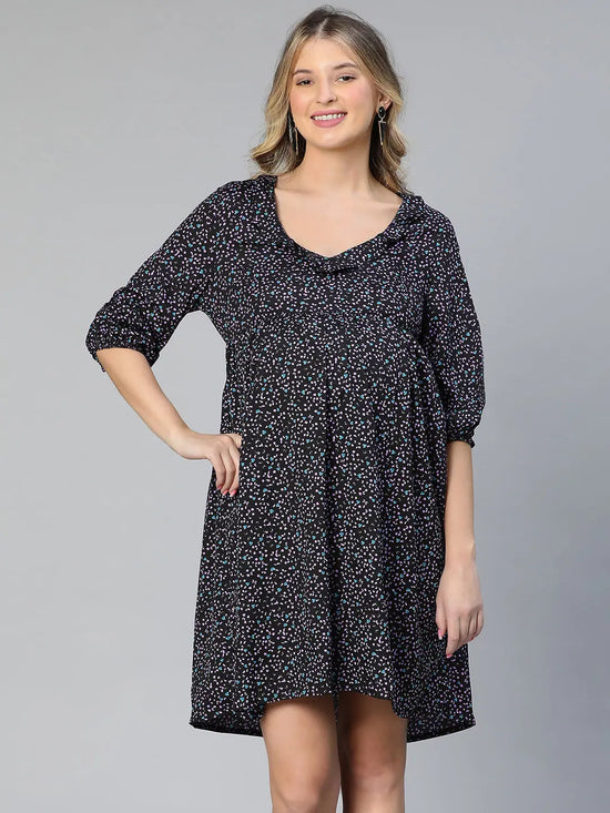 Women floral print v-neck ruffled elasticated navy blue maternity dress