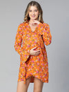 Women floral print over warrped bell sleeved orange maternity dress