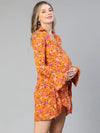 Women floral print over warrped bell sleeved orange maternity dress