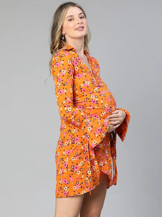 Women floral print over warrped bell sleeved orange maternity dress