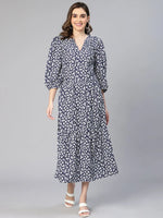 Women blue floral viscose print maxi casual dress