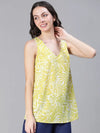 Women floral print yellow sleevless round neck top