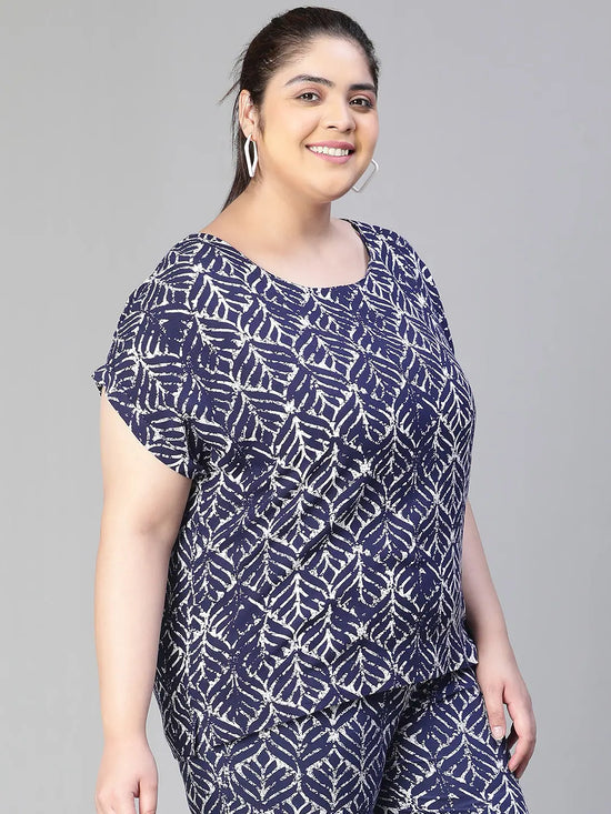 Women floral print blue round neck short sleeve plus size top