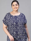 Women floral print blue round neck short sleeve plus size top