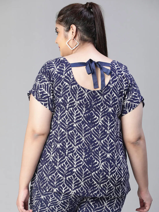 Women floral print blue round neck short sleeve plus size top