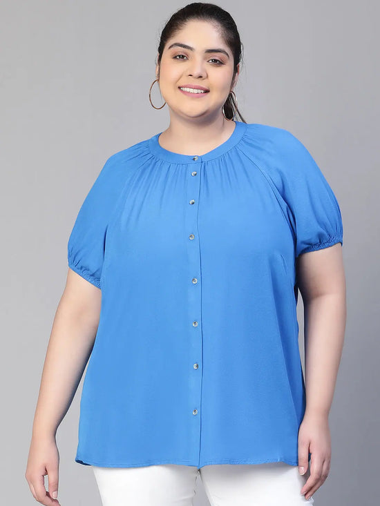 Women blue round neck short sleeve plus size shirt top