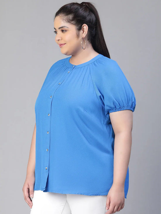 Women blue round neck short sleeve plus size shirt top