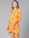 Women floral print over warrped bell sleeved yellow maternity dress