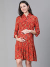 Women collared bell sleeved floral printed maternity dress