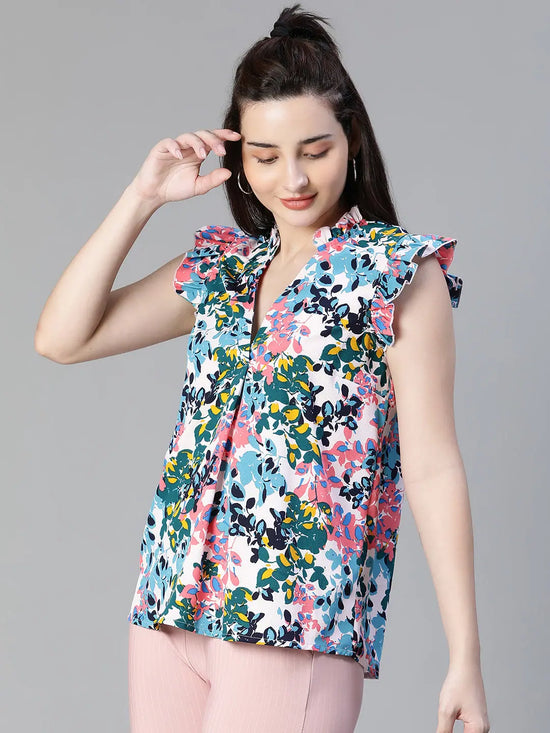 Women floral print multicolor short sleeve ruffle style top