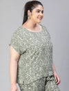 Women floral print green round neck short sleeve plus size top