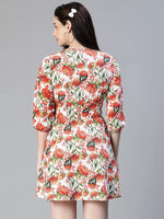 Women floral print multicolor elasticated tie-knot v-neck flared dress