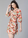 Women floral print multicolor elasticated tie-knot v-neck flared dress