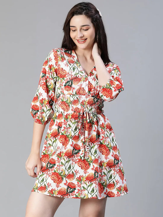 Women floral print multicolor elasticated tie-knot v-neck flared dress