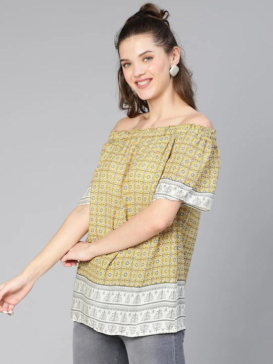 Women yellow aztec border print off -shoulder viscose top