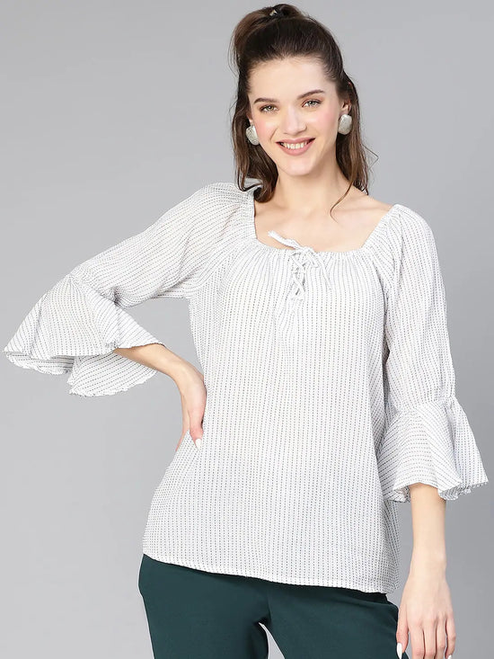 Women white & blue stripe bell sleeved cotton top