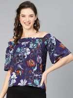 Women floral digital print off - shoulder polyester top