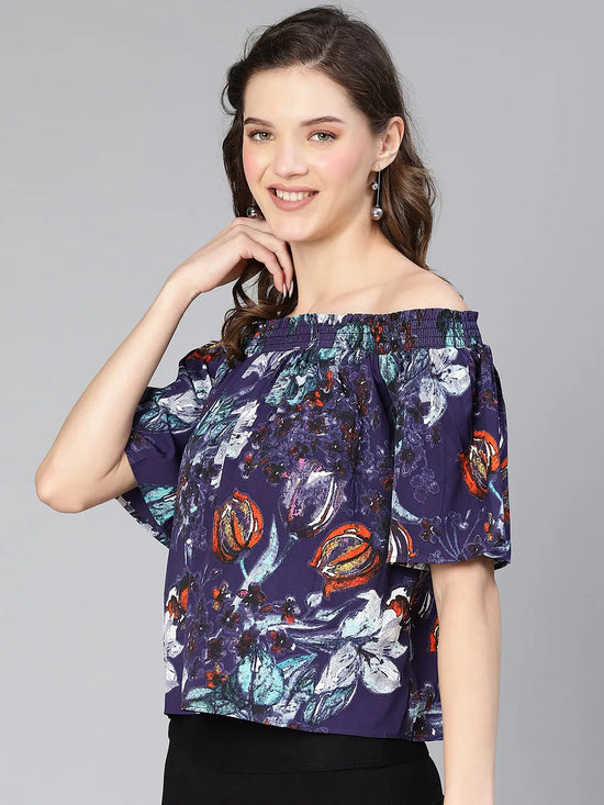 Women floral digital print off - shoulder polyester top