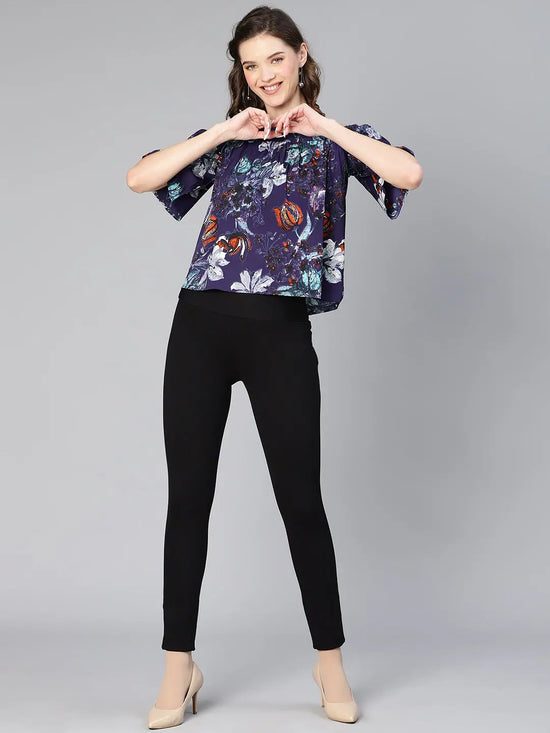 Women floral digital print off - shoulder polyester top