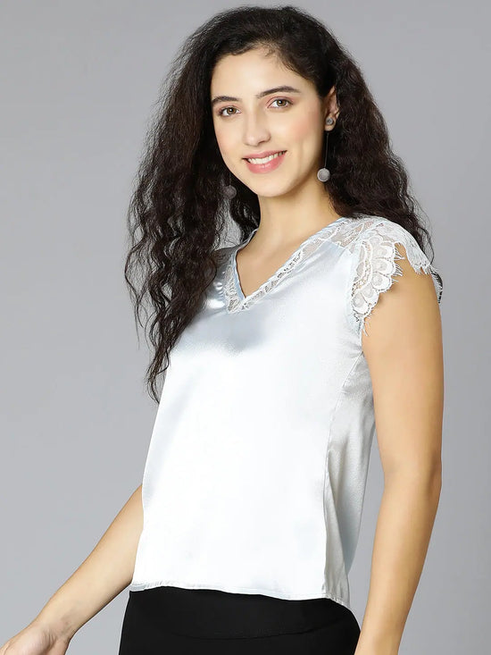 Light Blue short sleeve women lace partywear Satin top