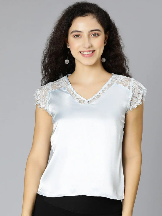 Light Blue short sleeve women lace partywear Satin top