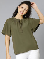 Green round neck tie-knotted viscose crepe women top