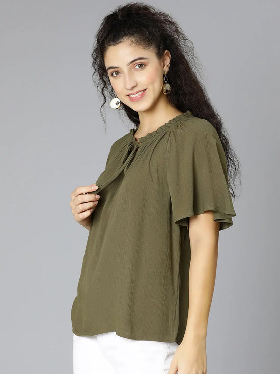 Green round neck tie-knotted viscose crepe women top