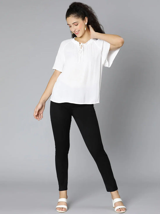 White round neck tie-knotted viscose crepe women top