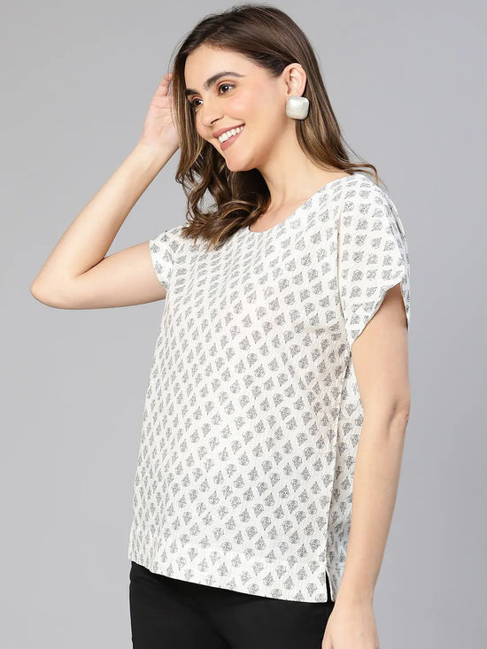 Women white aztac print casual back tie knot detail cotton top