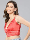 Women solid red satin shoulder strap partywear crop top