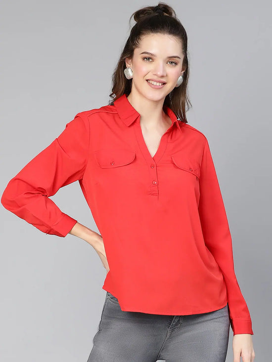 Women solid polyester red casual pocket detail top