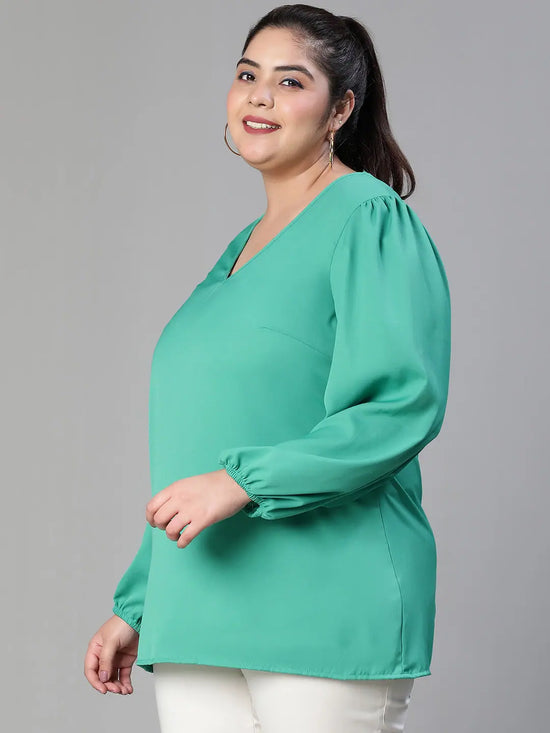 Women plus size v-neck bell sleeve elasticated plain green top