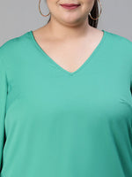 Women plus size v-neck bell sleeve elasticated plain green top