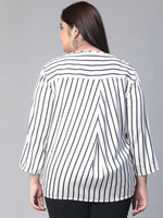 Women white stripe print v-neck long sleeve plus size top