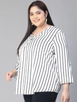 Women white stripe print v-neck long sleeve plus size top