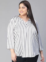 Women white stripe print v-neck long sleeve plus size top