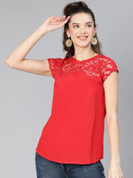 Women solid red laced up polyester partywear top