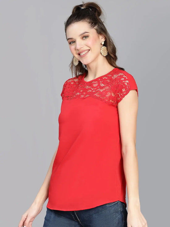 Women solid red laced up polyester partywear top