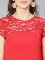 Women solid red laced up polyester partywear top