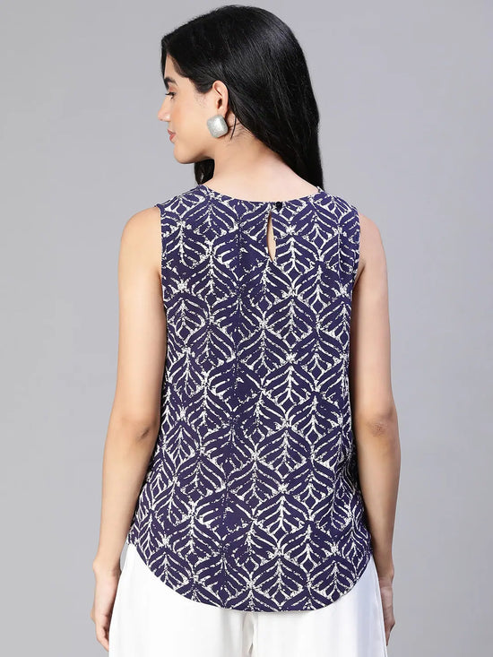 Women blue printed round neck sleeveless top