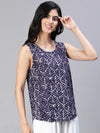 Women blue printed round neck sleeveless top