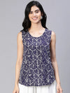 Women blue printed round neck sleeveless top