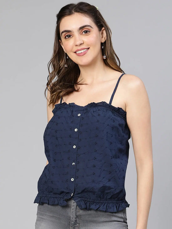 Women blue button - down schiffli cotton shoulder strap top