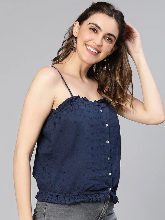 Women blue button - down schiffli cotton shoulder strap top